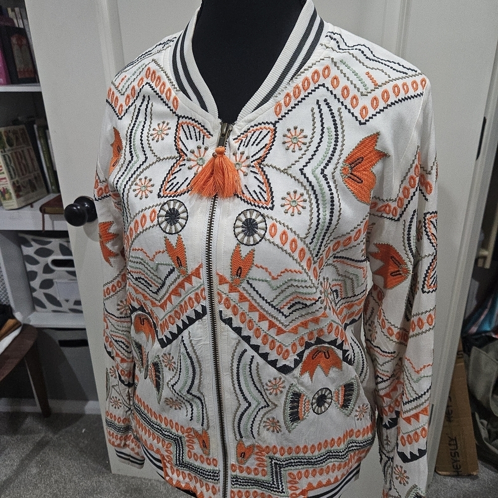 Lovestitch Vibrant Orange and Cream Embroidered Bomber Jacket - Picture 13 of 14